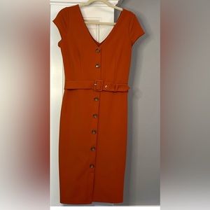 EXPRESS Belted Button Front Sheath Dress-Burt orange